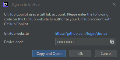 Sign in to GitHubのメッセージウィンドウ。ウェブサイトのURLとデバイスコードが表示されている。