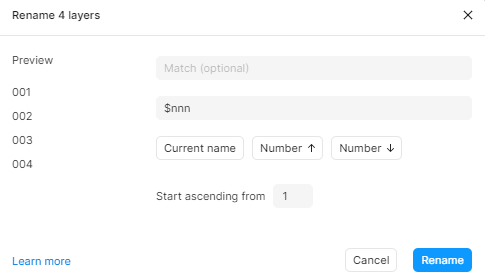 Rename 4 layersというウィンドウ。2つ目の入力欄に$nnn と入力されている。