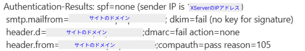 Authentication-Results: spf=none (sender IP is XServerのIPアドレス)
smtp.mailfrom=サイトのドメイン; dkim=fail (no key for signature)
header.d=サイトのドメイン;dmarc=fail action=none
header.from=サイトのドメイン;compauth=pass reason=105
