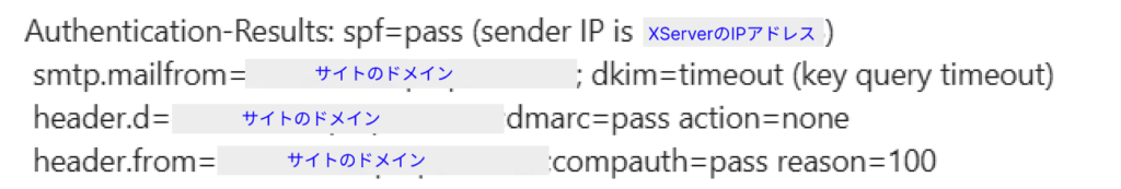 Authentication-Results: spf=pass (sender IP is XServerのIPアドレス)
smtp.mailfrom=サイトのドメイン; dkim=timeout (key query timeout)
header.d=サイトのドメイン;dmarc=pass action=none
header.from=サイトのドメイン;compauth=pass reason=100