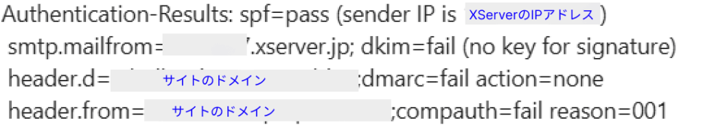 Authentication-Results: spf=pass (sender IP is XServerのIPアドレス)
smtp.mailfrom=*****.xserver.jp; dkim=fail (no key for signature)
header.d=サイトのドメイン;dmarc=fail action=none
header.from=サイトのドメイン;compauth=fail reason=001