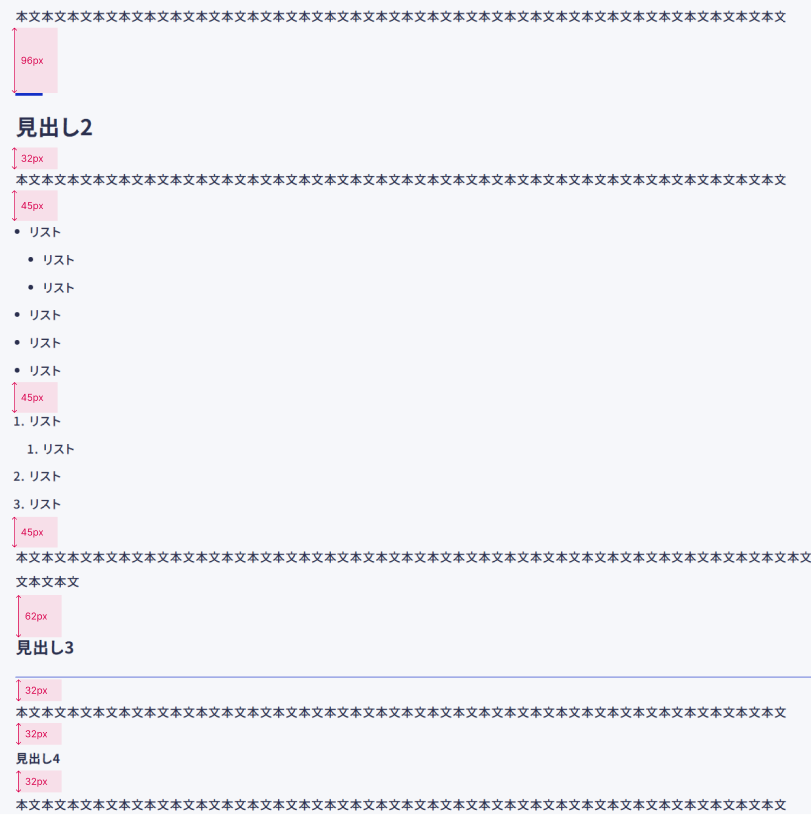 記事のデザインのスクリーンショット。要素の上下の余白が赤い文字で書き込まれている。
