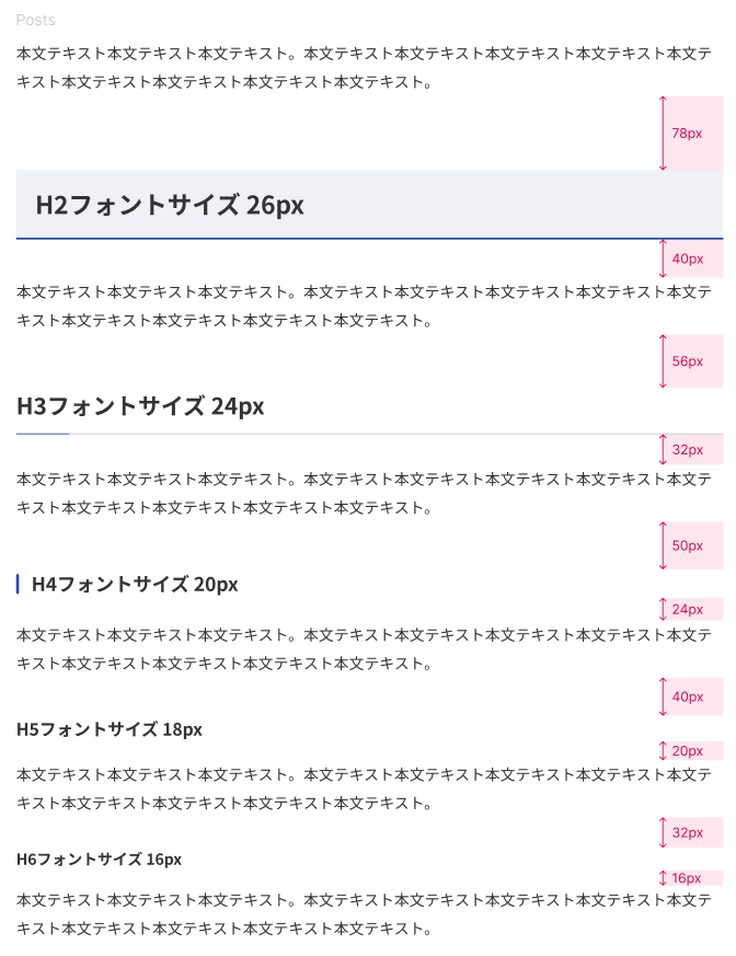 Figmaのスクリーンショット。h2～h6の見出しデザインの文字サイズと上下余白が示されている