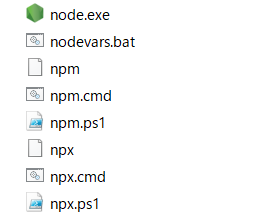 ファイルリストのスクリーンショット。node.exe、nodeevars.bat、npm、npm.cmd、npm.ps1、npx、npx.cmd、npx.ps1